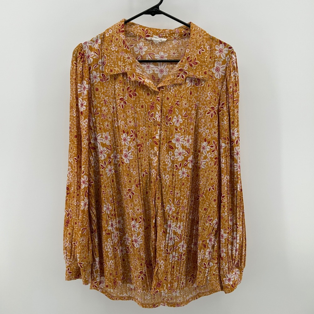 Rio & Rian Mustard Yellow Floral Plisse Pleated Button Down Blouse L Boho Retro